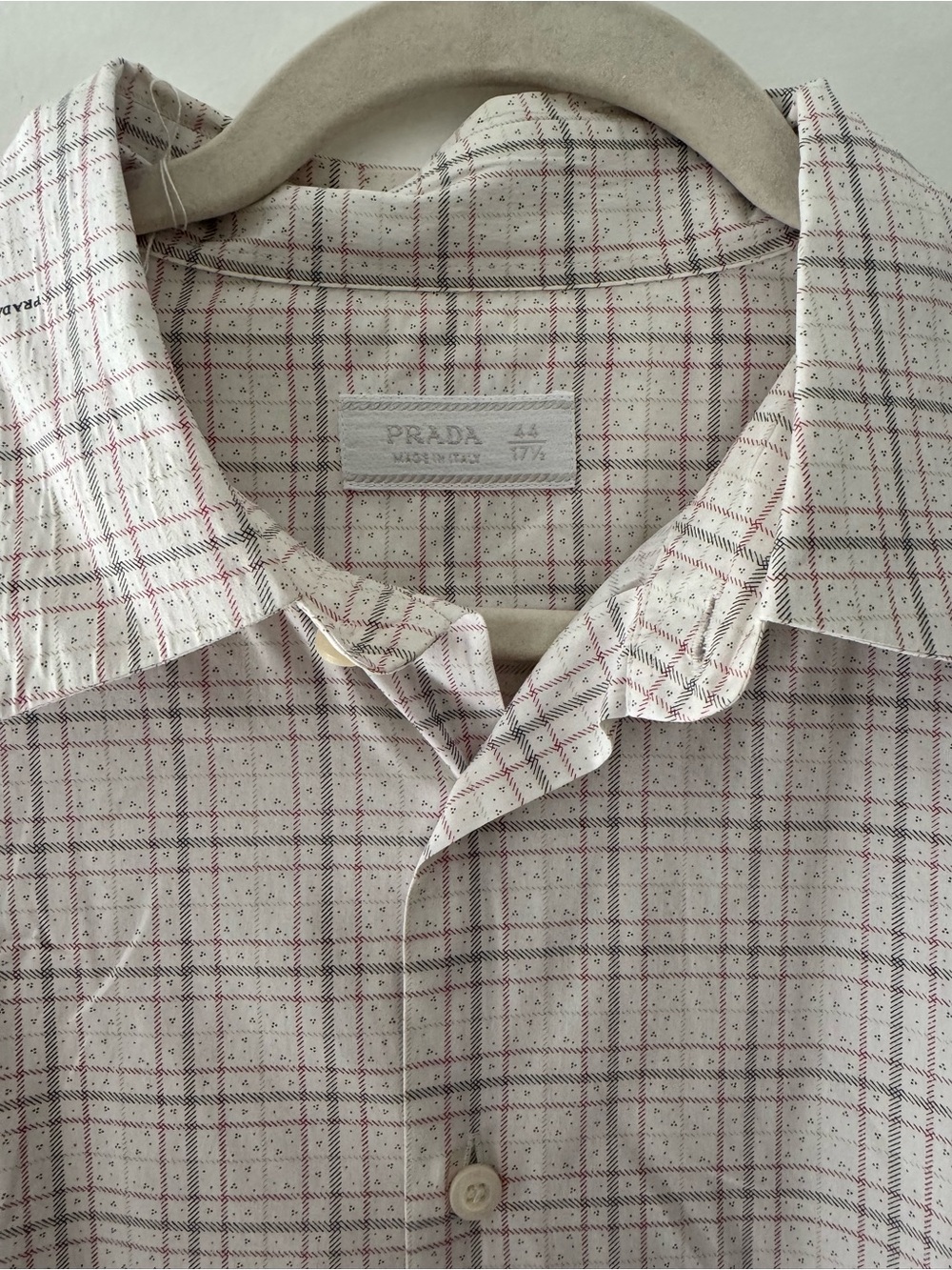 Prada Men’s Cream Plaid Shirt with Red and Gray Checks New Without Tags. Size 44